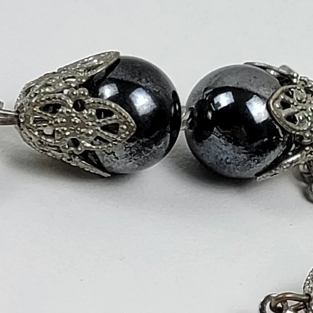 Vtg. Lisa Gray Hematite Long Strand Station Necklace 53 Inch Silver-Tone Opera